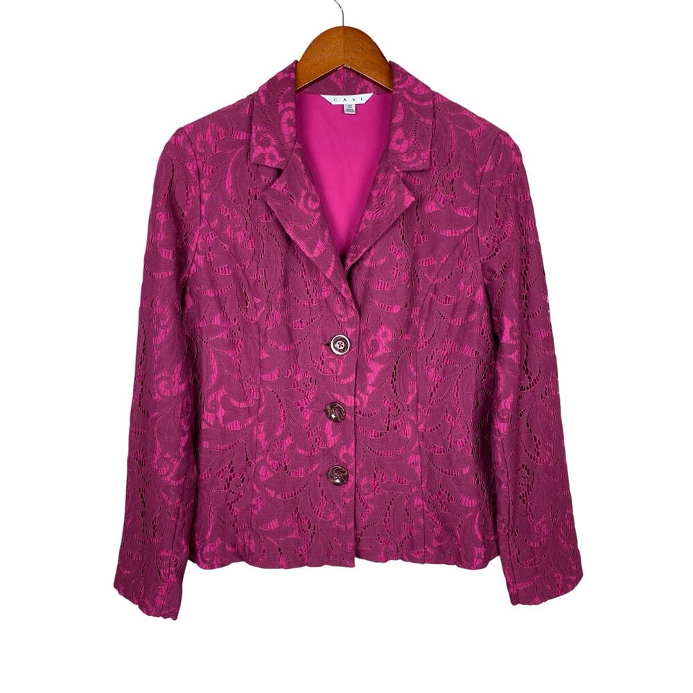 Cabi Frolic Blazer Jacket Plumberry Purple Lace Overlay Tailored Fit Women's 10